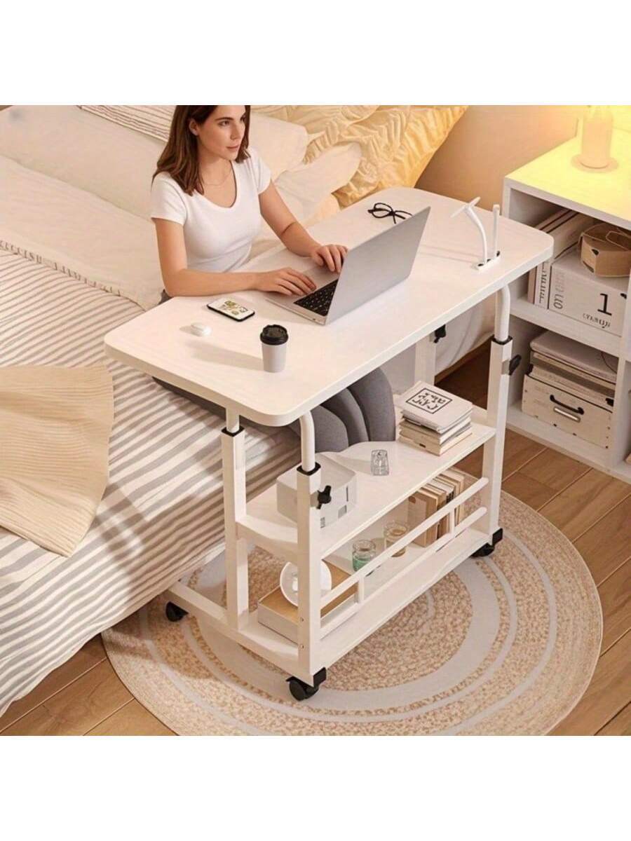 Rolling Height-Adjustable Desk with Two Storage Shelves