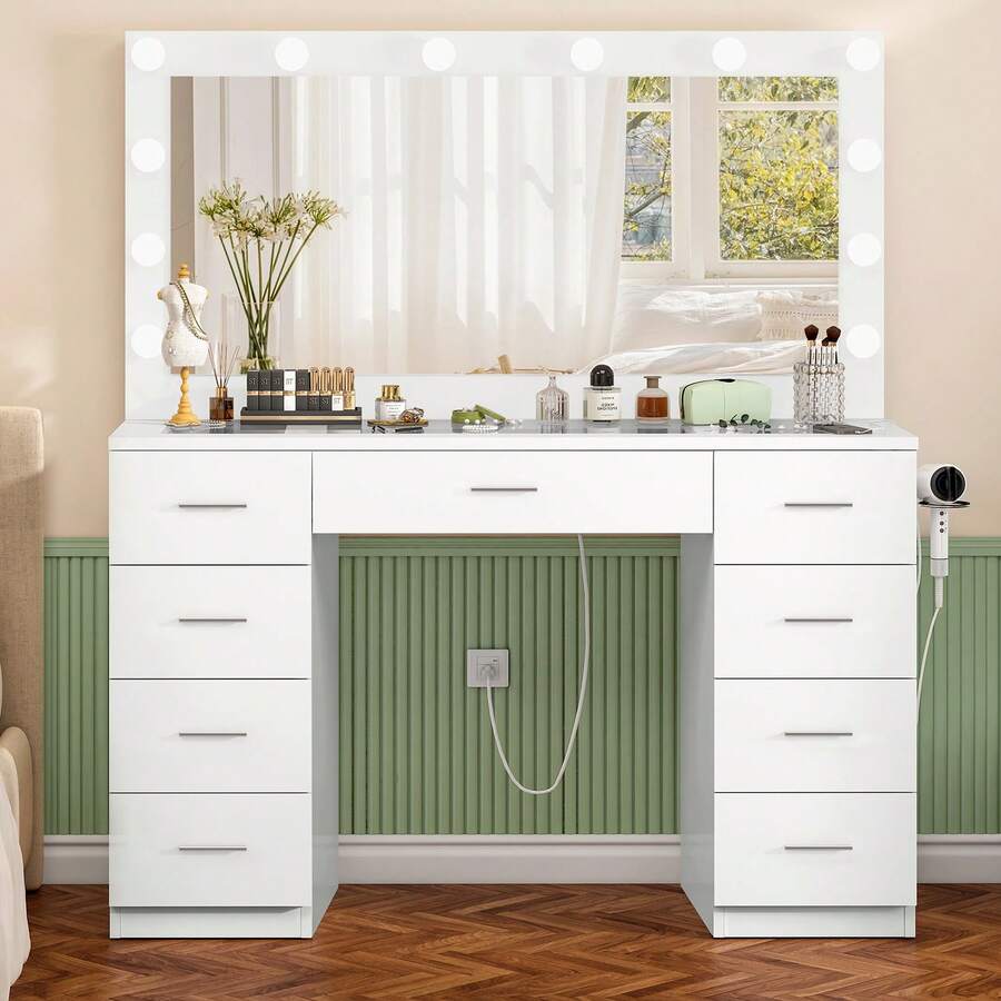46-Inch Vanity Desk with RGB Glass Top, LED Mirror and 9 Drawers